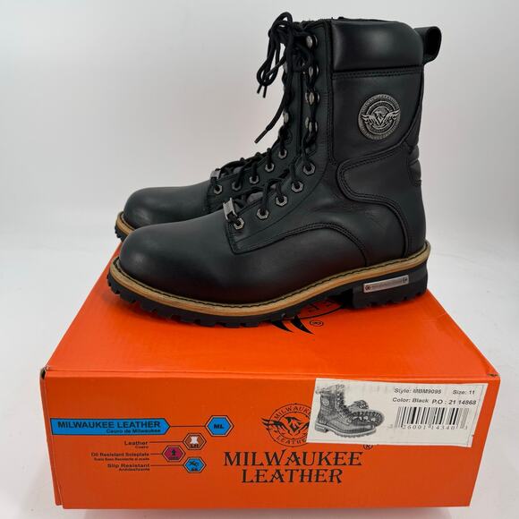 NWT Milwaukee leather Mens Classic black leather lace up logger boots